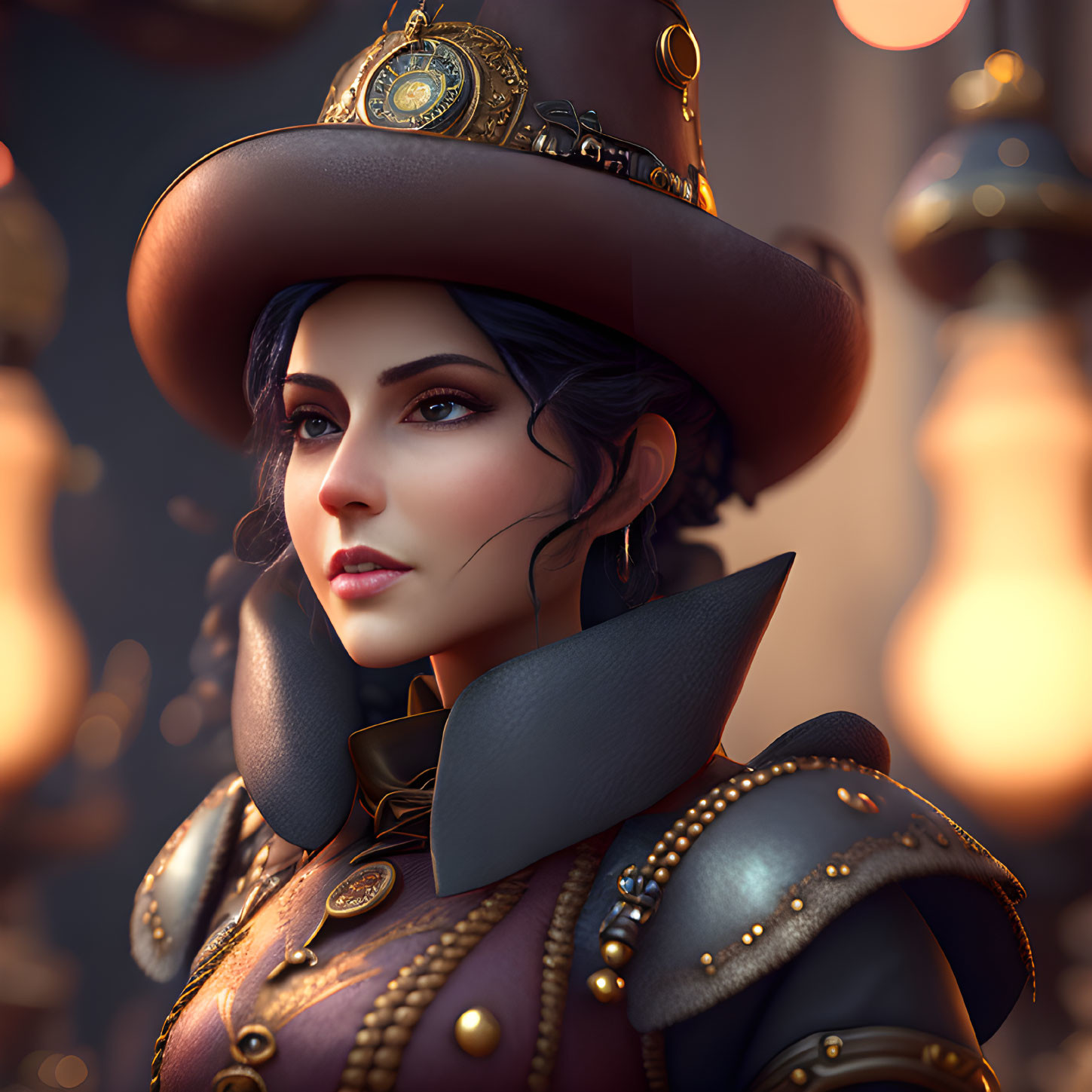 Digital portrait of a woman in steampunk attire with gears and clock pieces on wide-brimmed