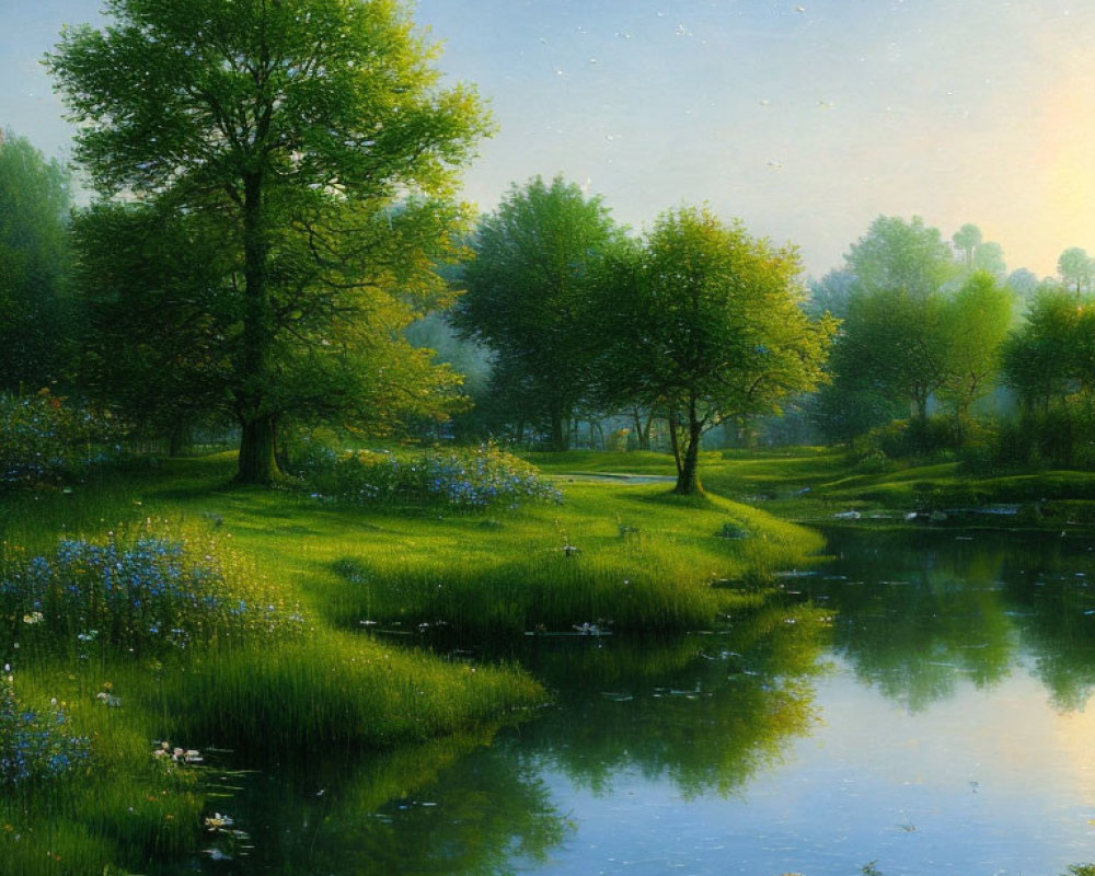 Tranquil landscape with green trees, calm water, wildflowers, and sunrise glow
