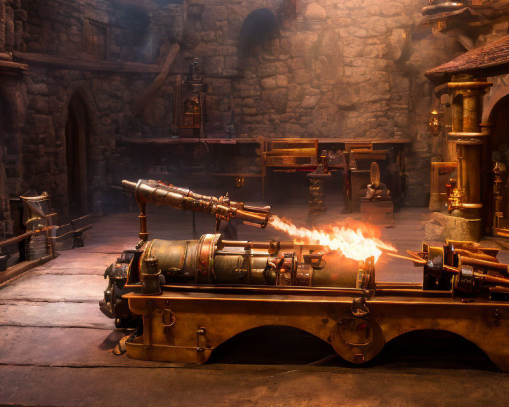 Medieval-style forge with blazing furnace and ornate cannon in stone-walled room.