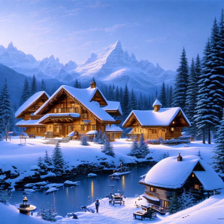 Snow-covered lakeside cabins with illuminated wooden structures, set against mountains and dusk sky.
