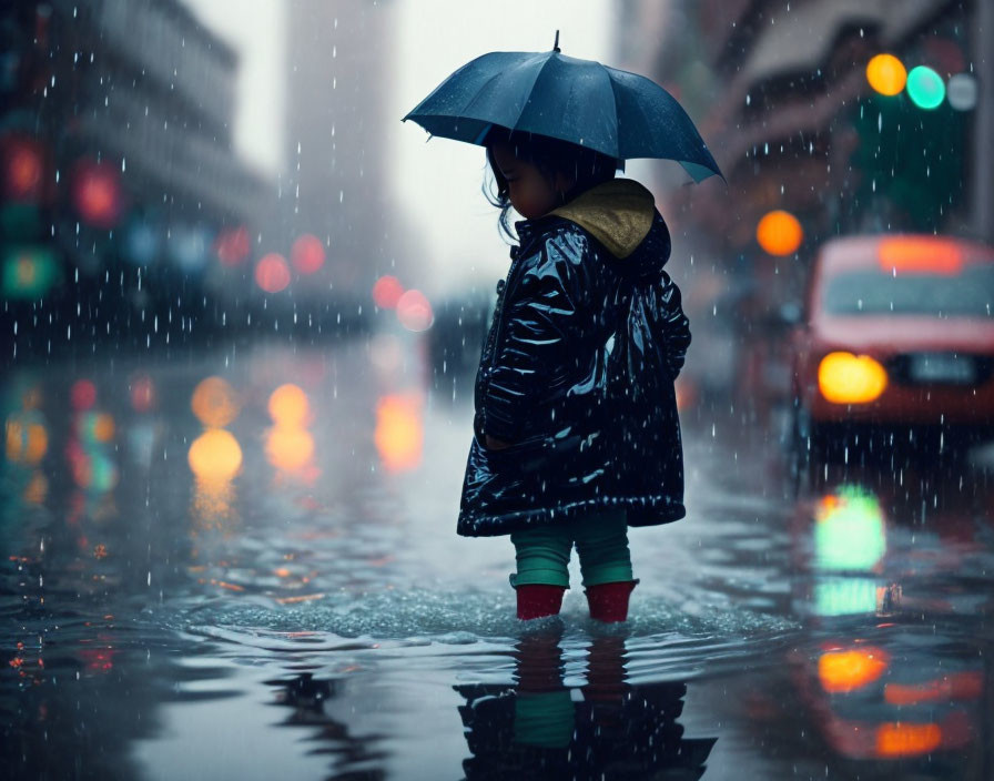 Child with Blue Umbrella on Rainy City Street at Night