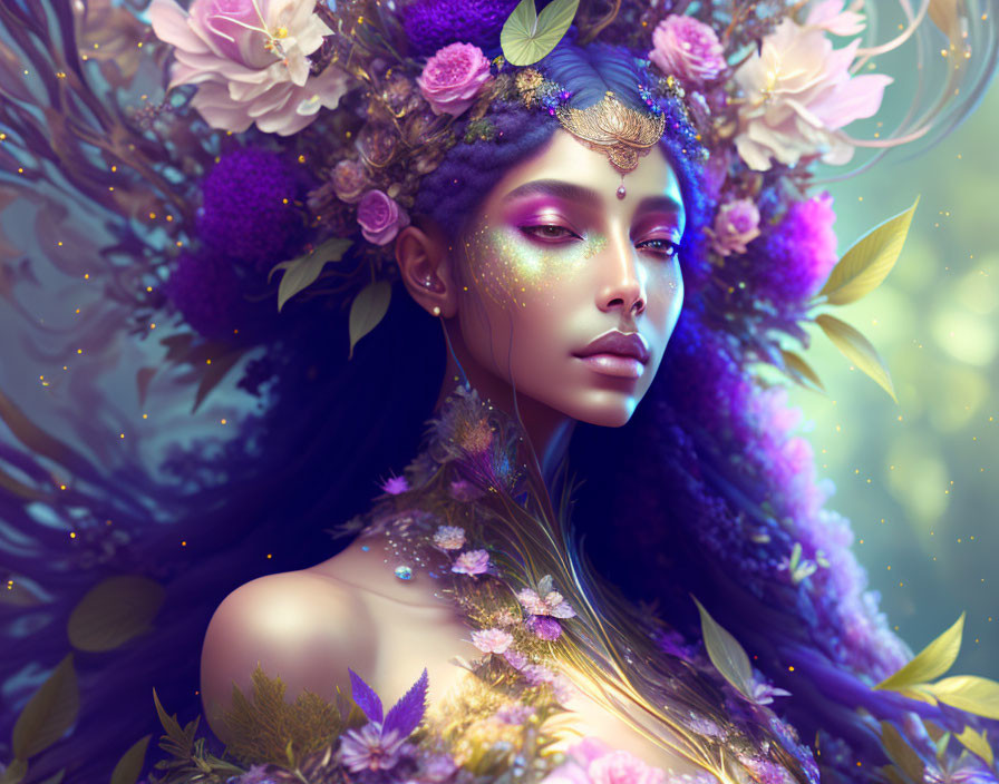 Fantasy artwork: Woman with purple and pink flowers in hair on botanical background