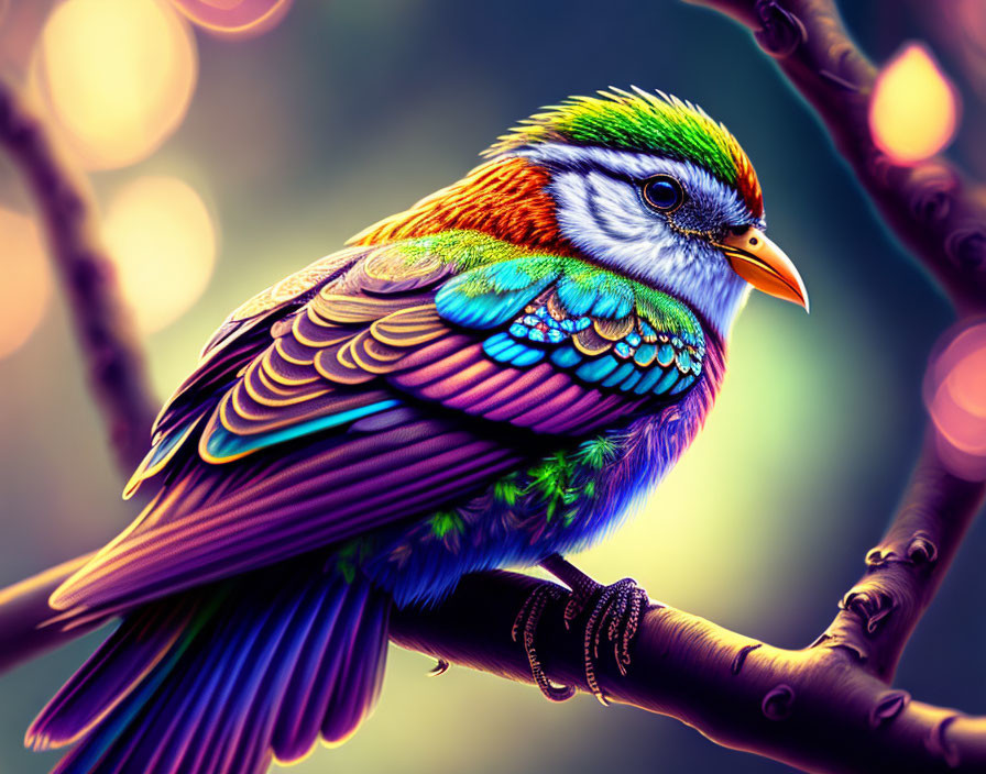 Colorful Illustrated Bird with Rainbow Plumage Perched on Branch