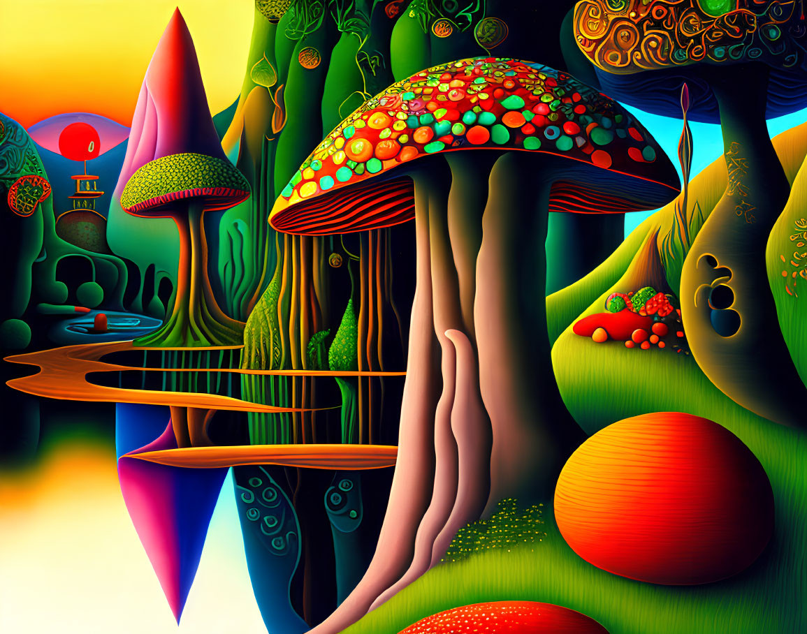 Colorful Psychedelic Landscape with Stylized Trees & Oversized Mushrooms