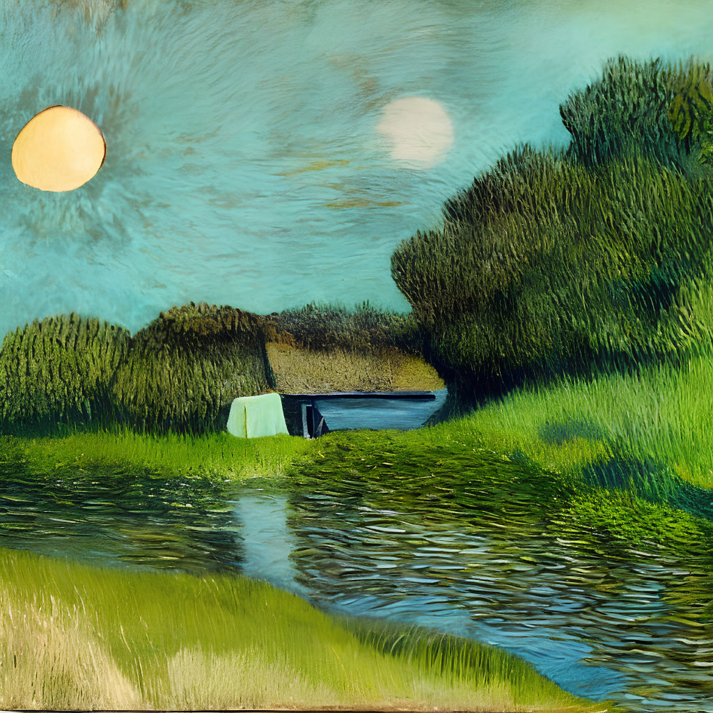 Tranquil countryside scene with boat, greenery, reflections, and celestial bodies