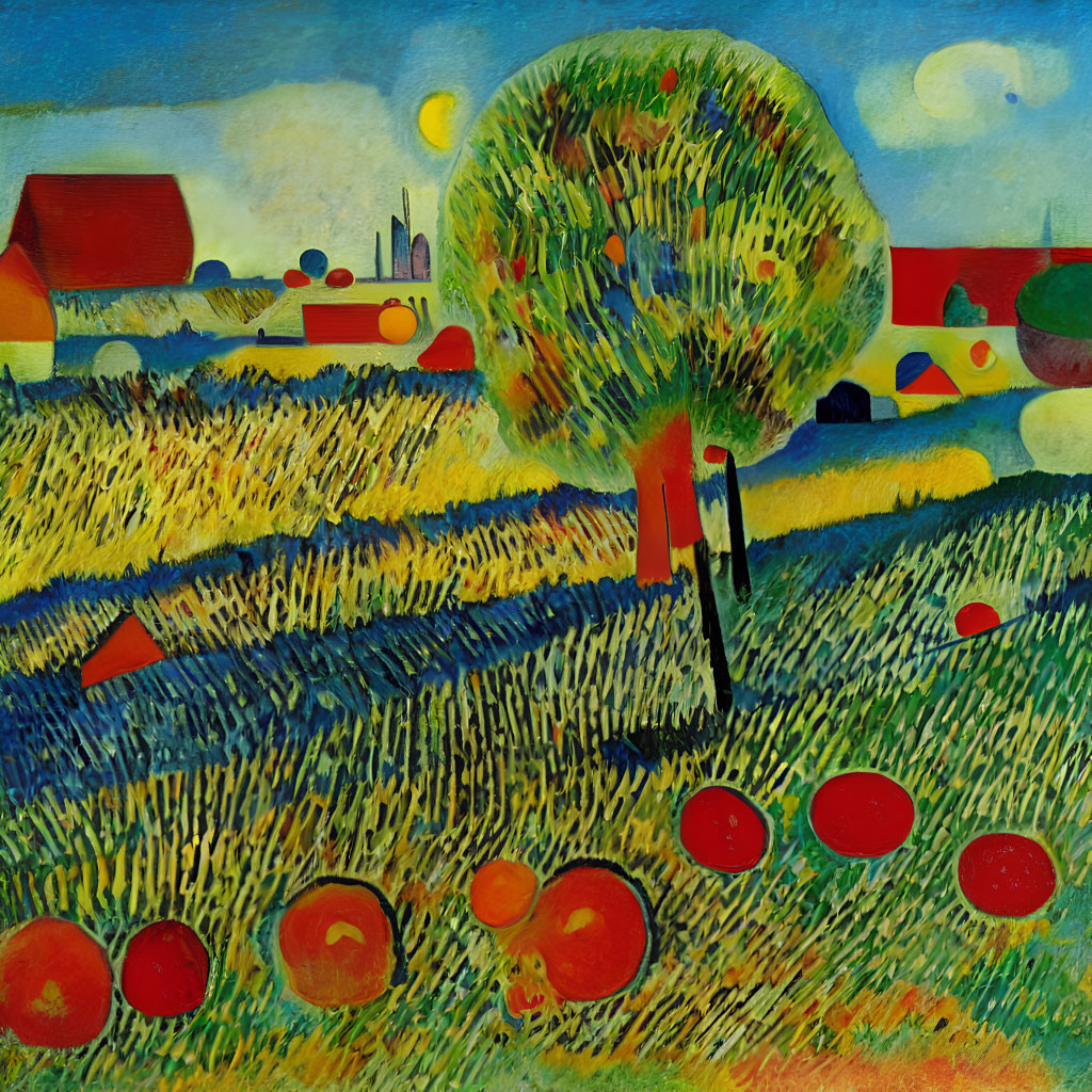 Colorful expressionist painting: stylized landscape, vibrant fields, large tree, red circles, blue