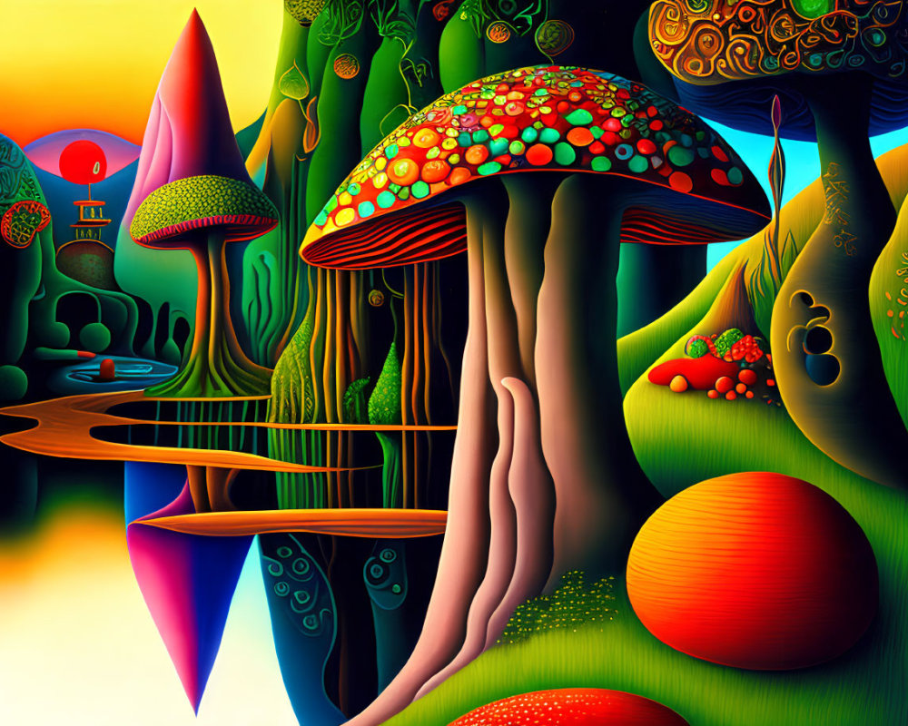 Colorful Psychedelic Landscape with Stylized Trees & Oversized Mushrooms
