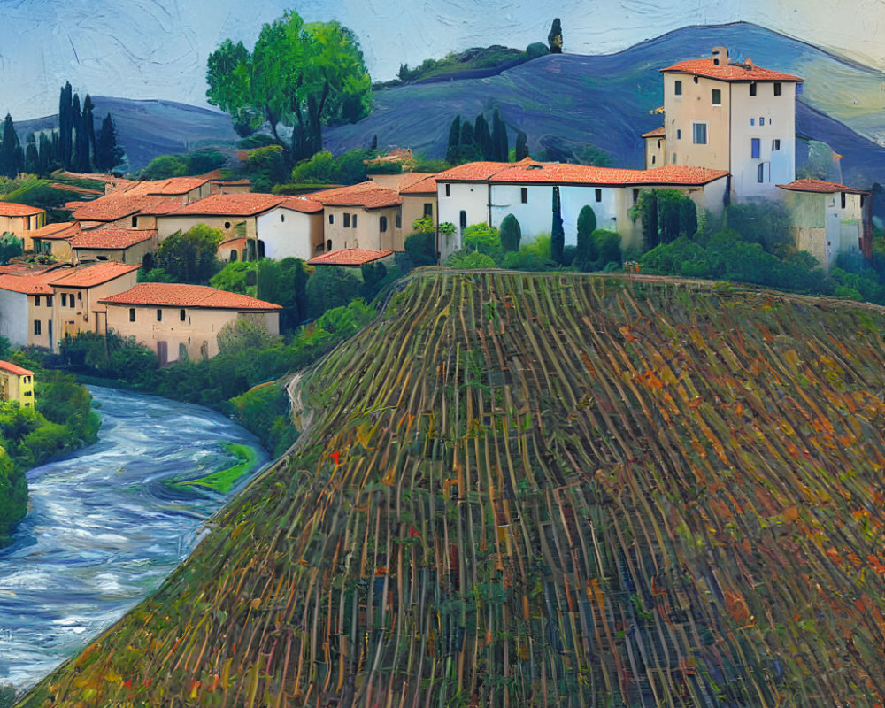 Scenic painting of village with terracotta roofs on hillside