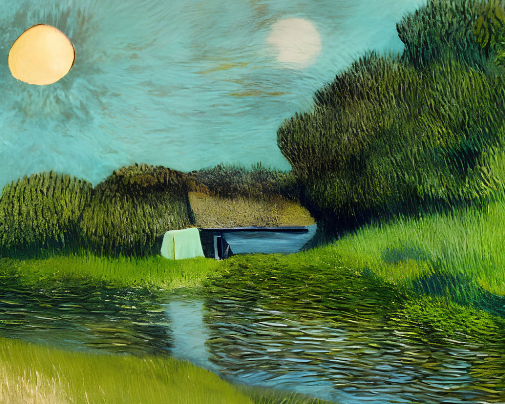 Tranquil countryside scene with boat, greenery, reflections, and celestial bodies