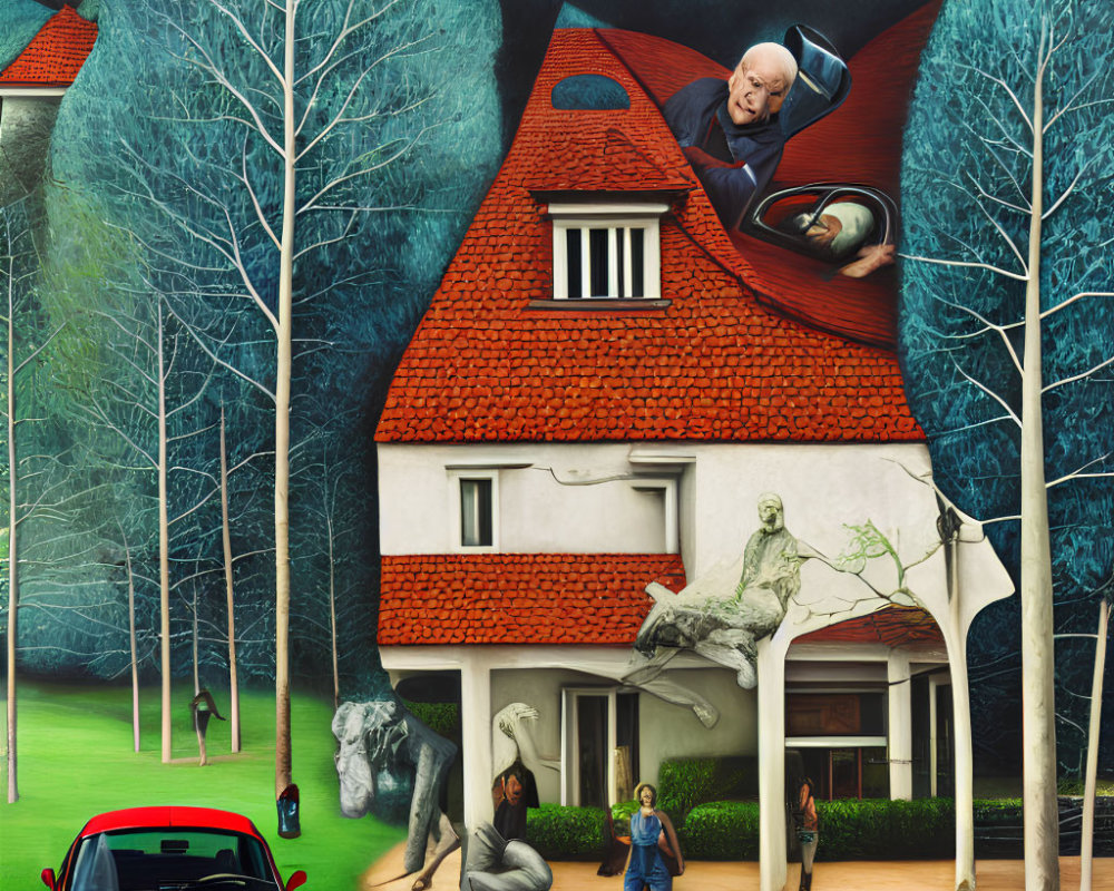 Elderly man in quirky house with surreal forest landscape