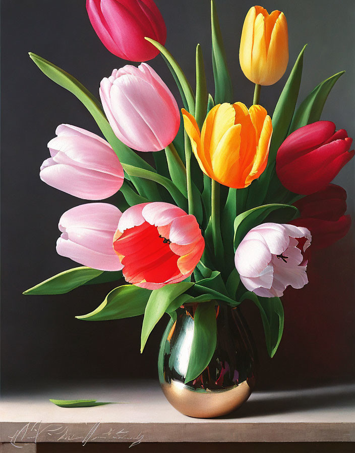 Colorful Tulip Bouquet in Reflective Vase on Dark Background