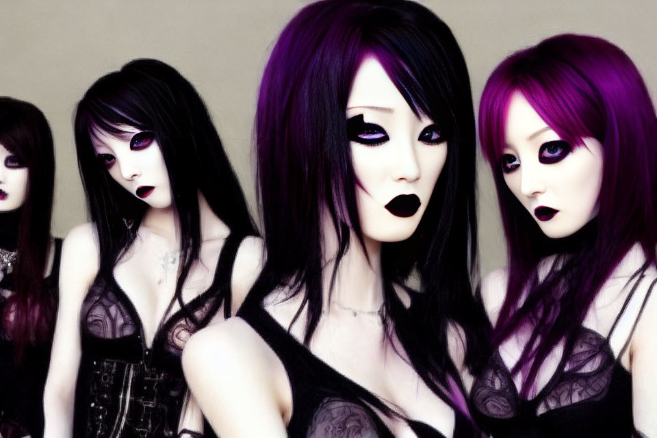 Four individuals with purple hair and gothic makeup on neutral backdrop