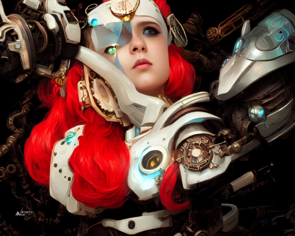 Vibrant red-haired woman in white and gold armor with blue eyes.