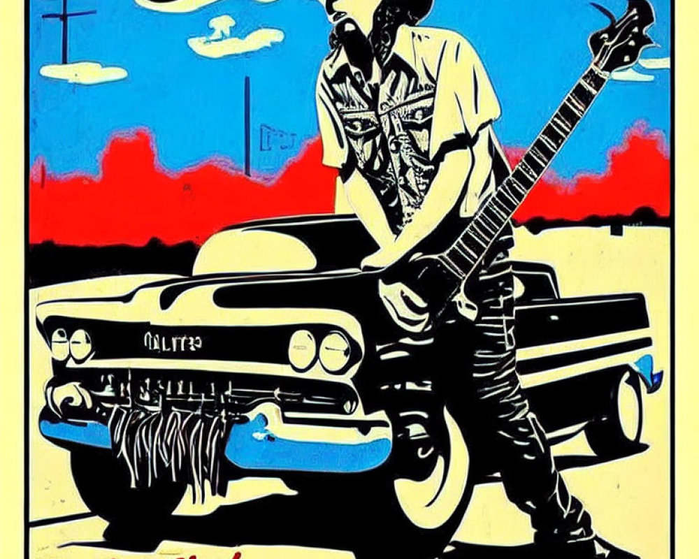 Vintage-Style Poster with Person Playing Guitar, Classic Car, and Stylized Text