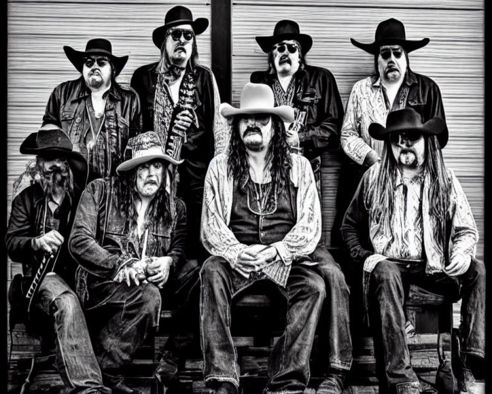 Group of Eight Men in Cowboy Hats and Leather with Long Hair and Beards