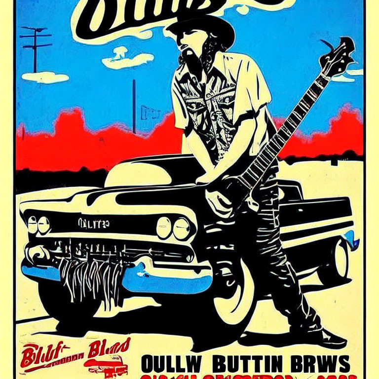 Vintage-Style Poster with Person Playing Guitar, Classic Car, and Stylized Text