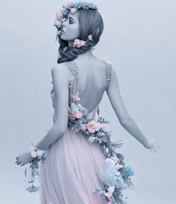 Woman in Pastel Floral Dress and Headpiece: Elegant Styling and Serene Atmosphere