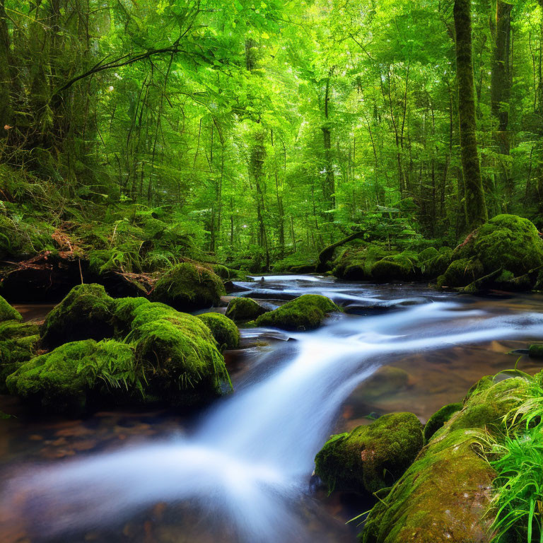 Tranquil forest stream with moss-covered rocks and lush green surroundings