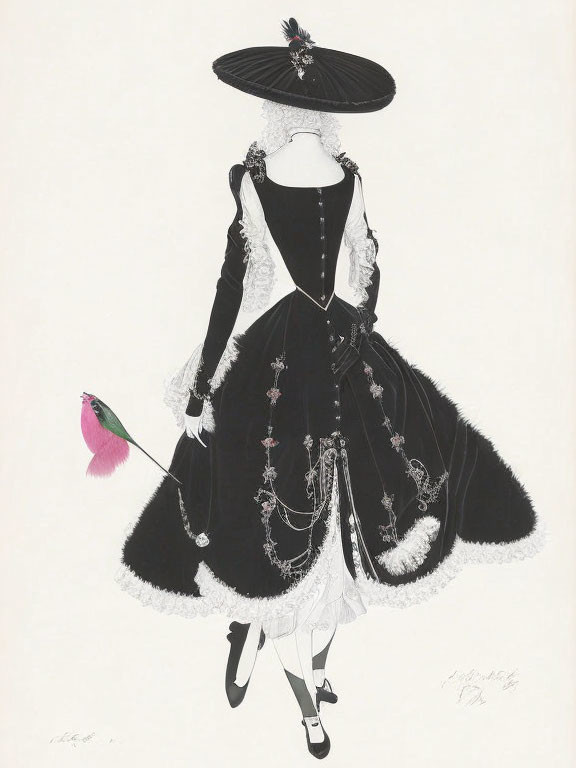 Vintage black and white dress with parasol and hat illustration