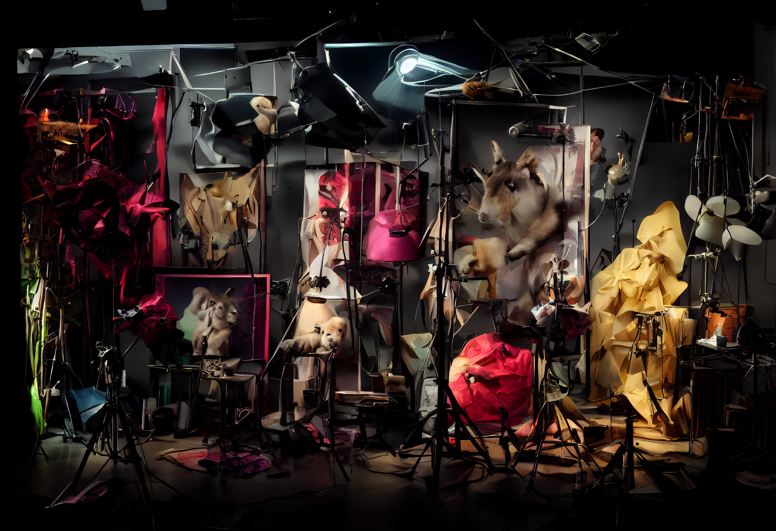 Cluttered studio with mannequin parts, lighting gear, and cat images