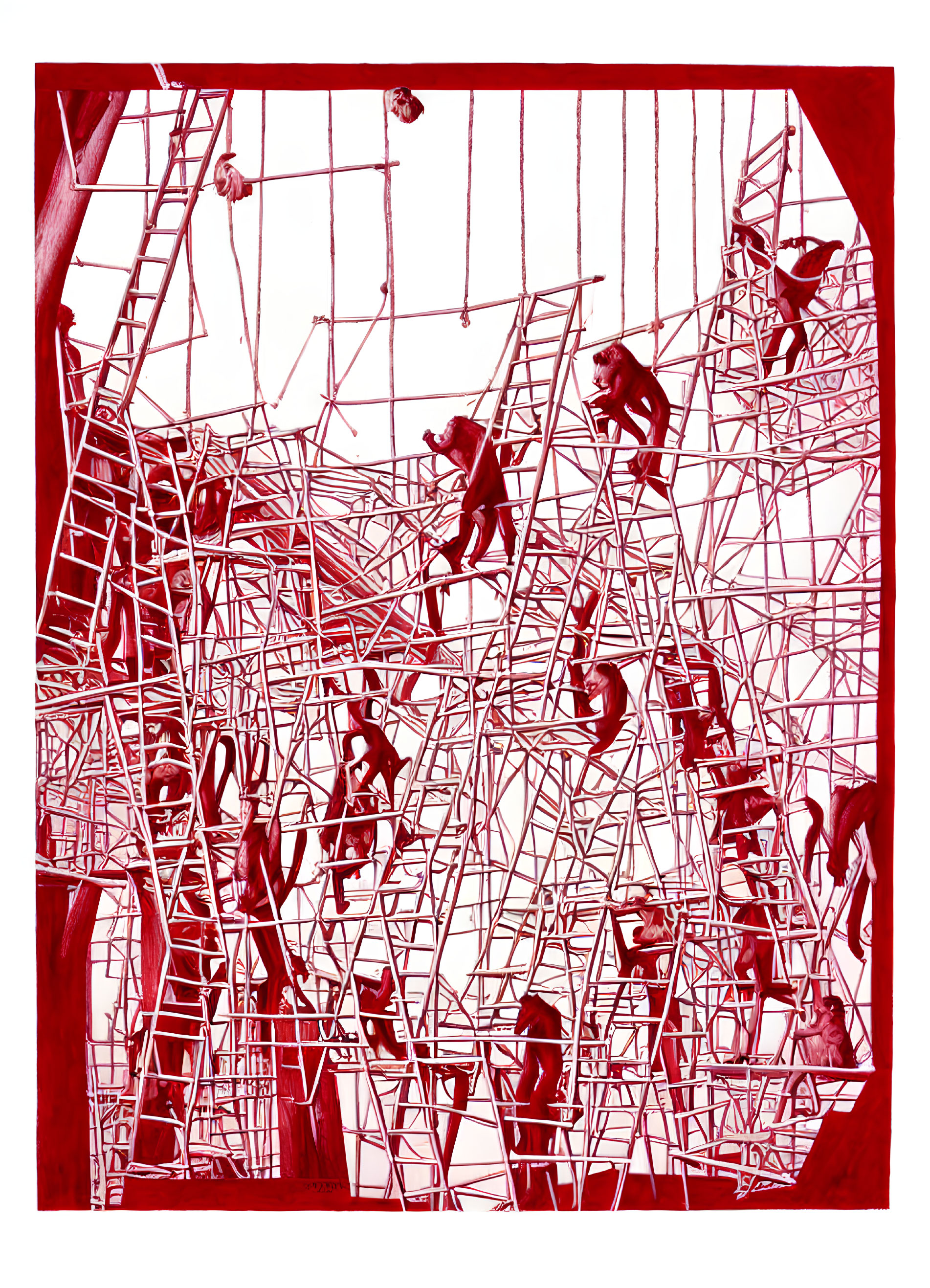 People navigating interconnected ropes and bars in red-tinted playground