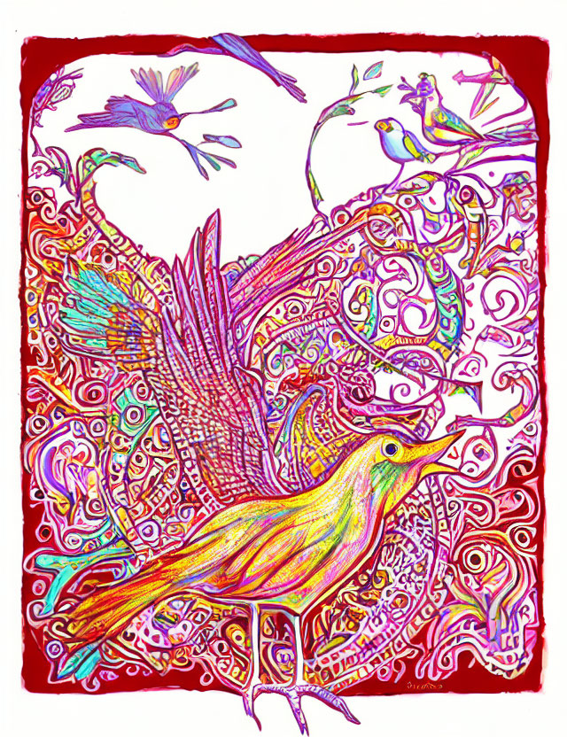 Colorful bird artwork with heart-shaped foliage and smaller birds