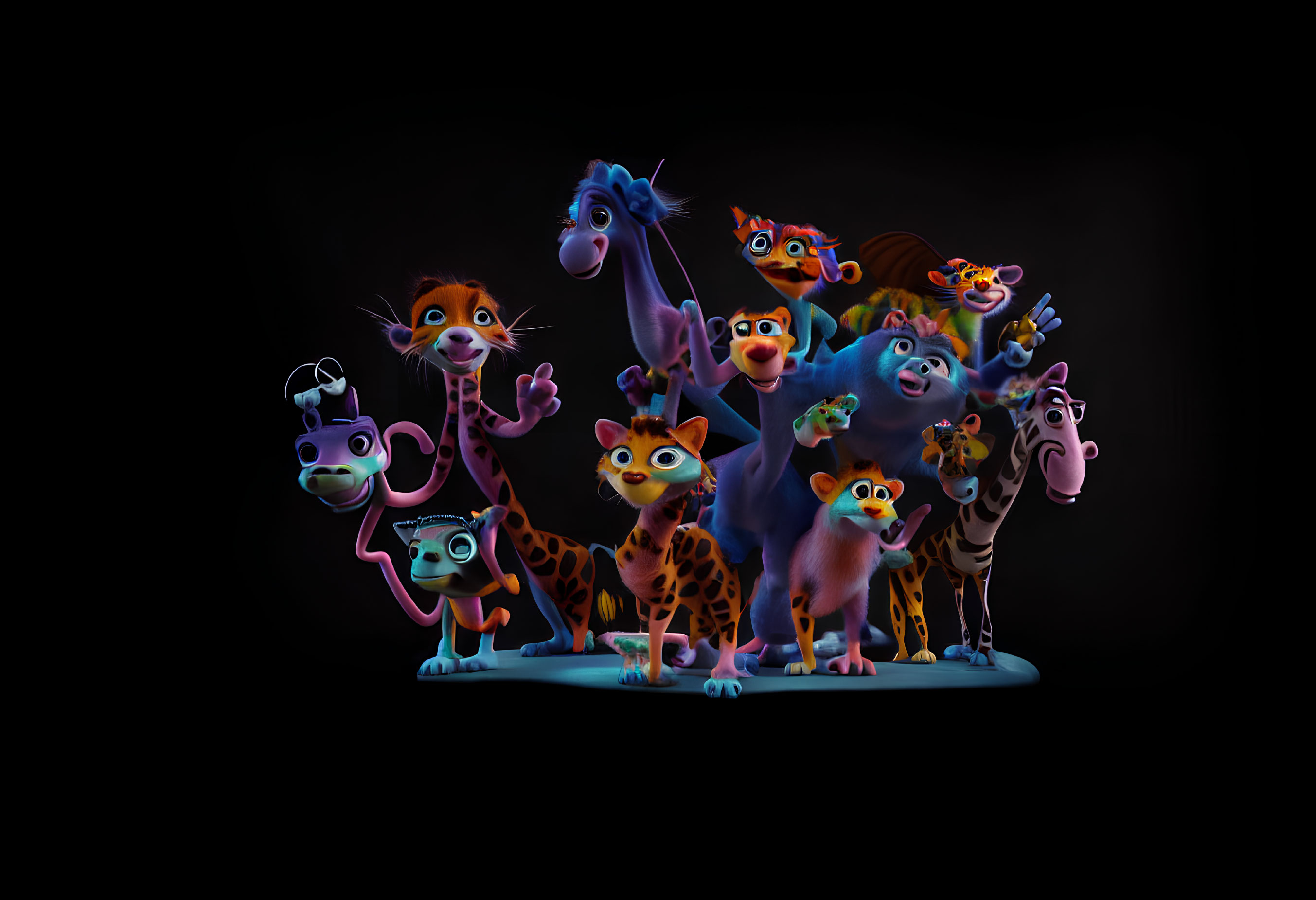 Vibrant Cartoon Animals with Exaggerated Features on Black Background