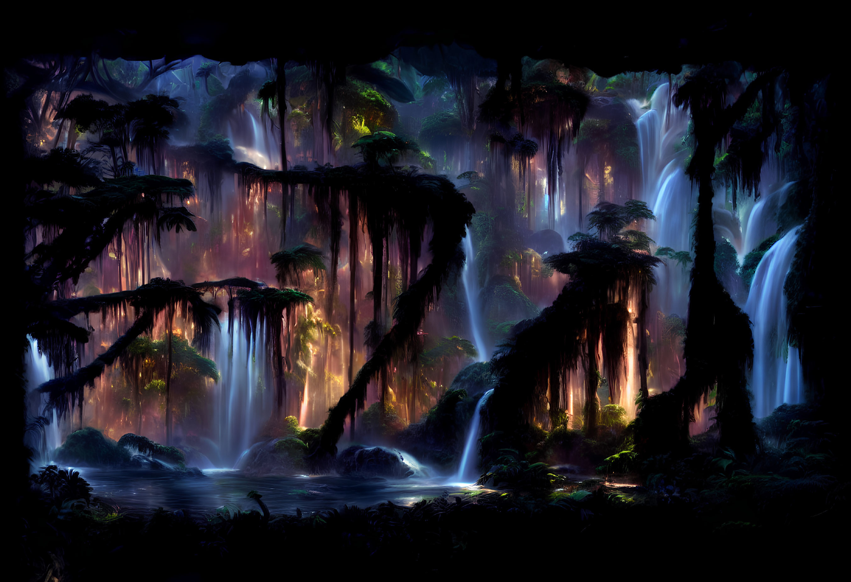Twilight jungle with waterfalls and glowing reflections
