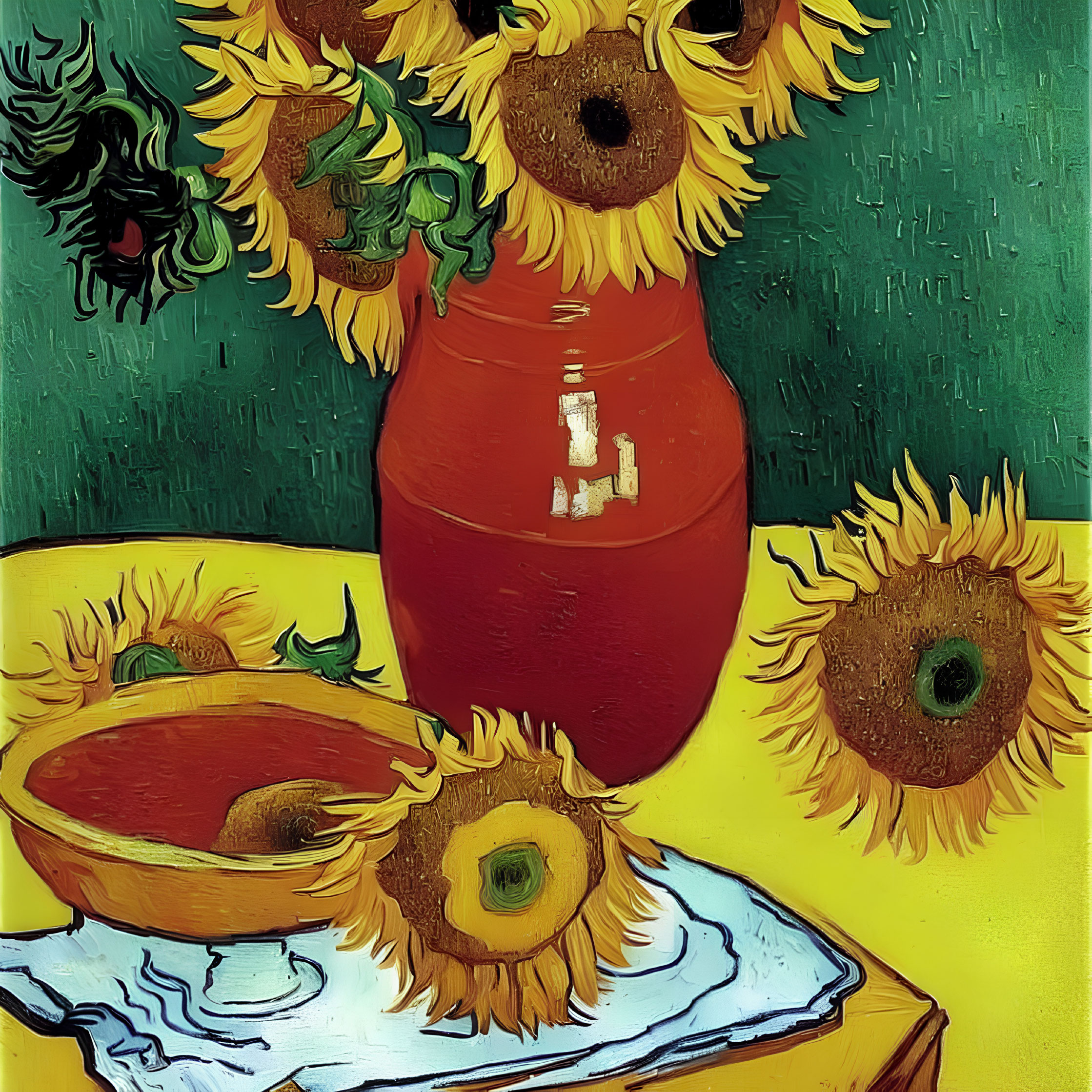 Bright Sunflowers Still Life Painting with Red Vase