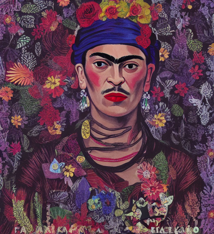 Illustrated portrait of a woman with floral headpiece and unibrow against lush flora.