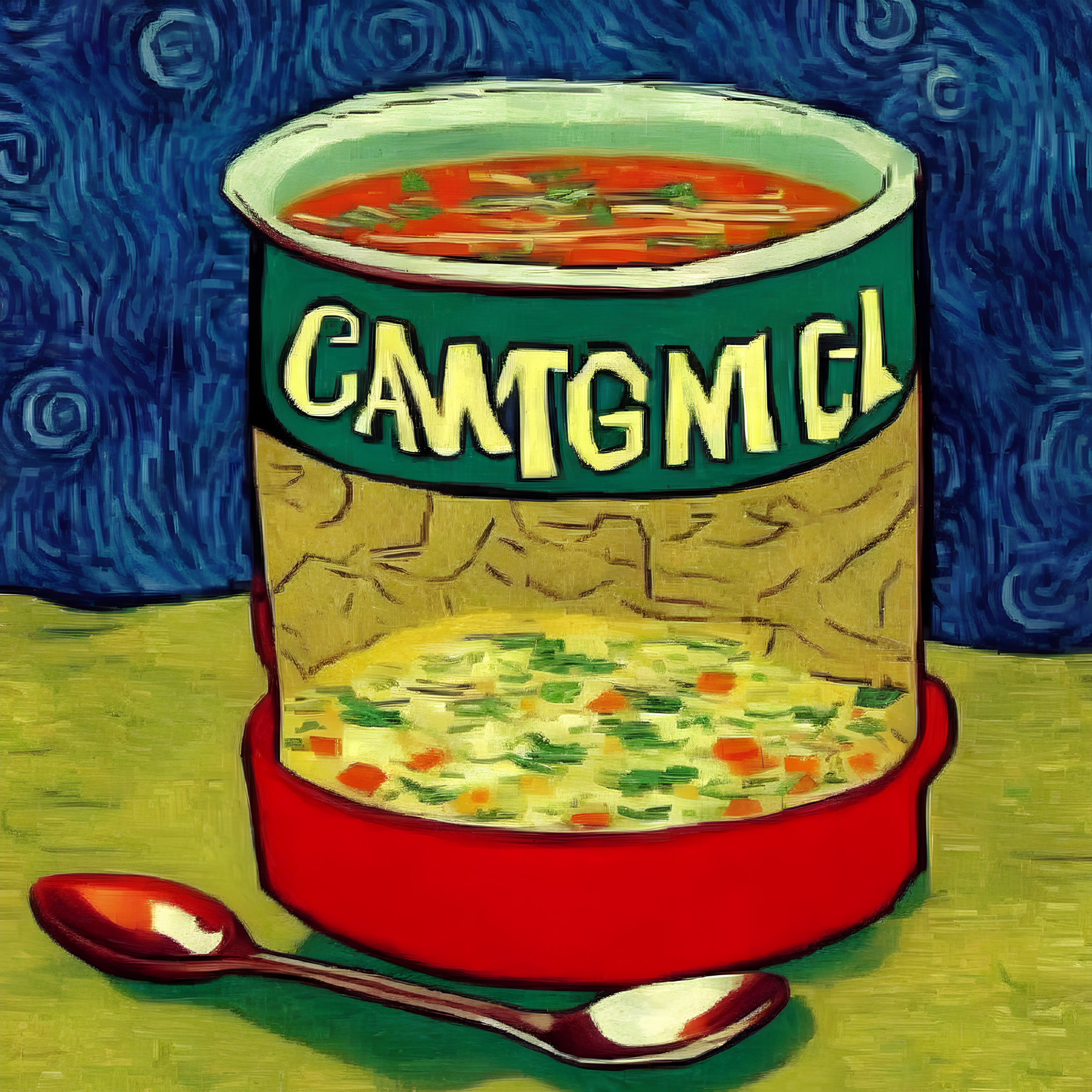 Stylized soup can with "CAMTMCL" label on blue background, spoon, and open