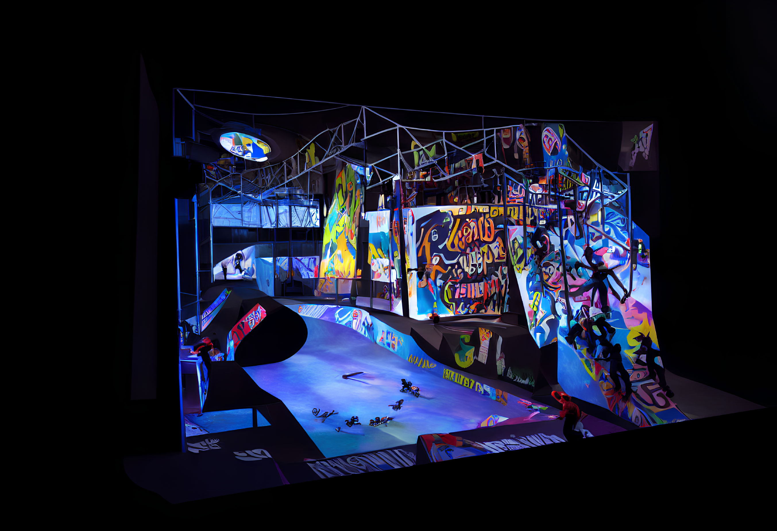 Colorful Indoor Skatepark with Graffiti Artwork and Atmospheric Lighting