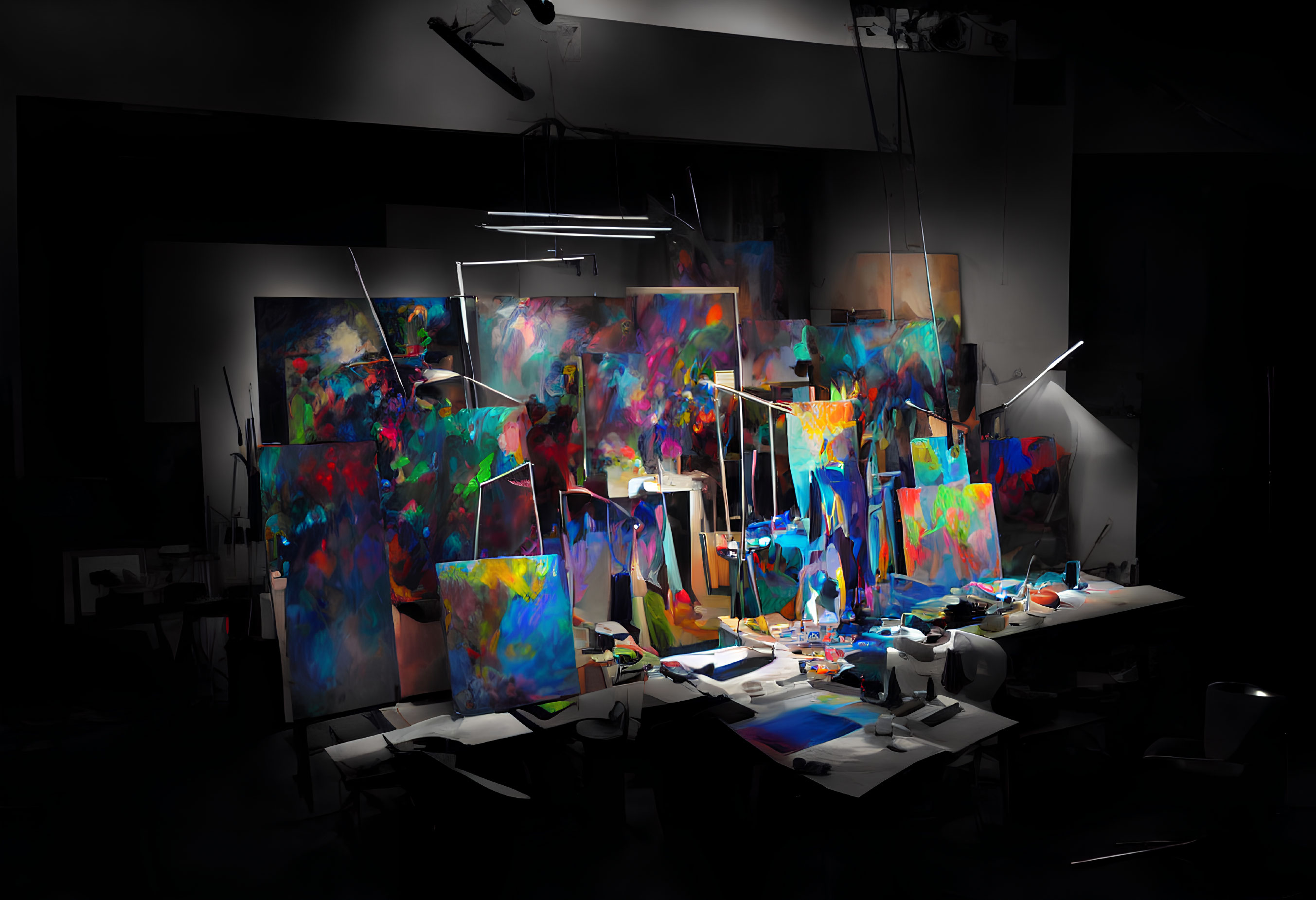 Vivid Abstract Paintings in Colorful Art Studio