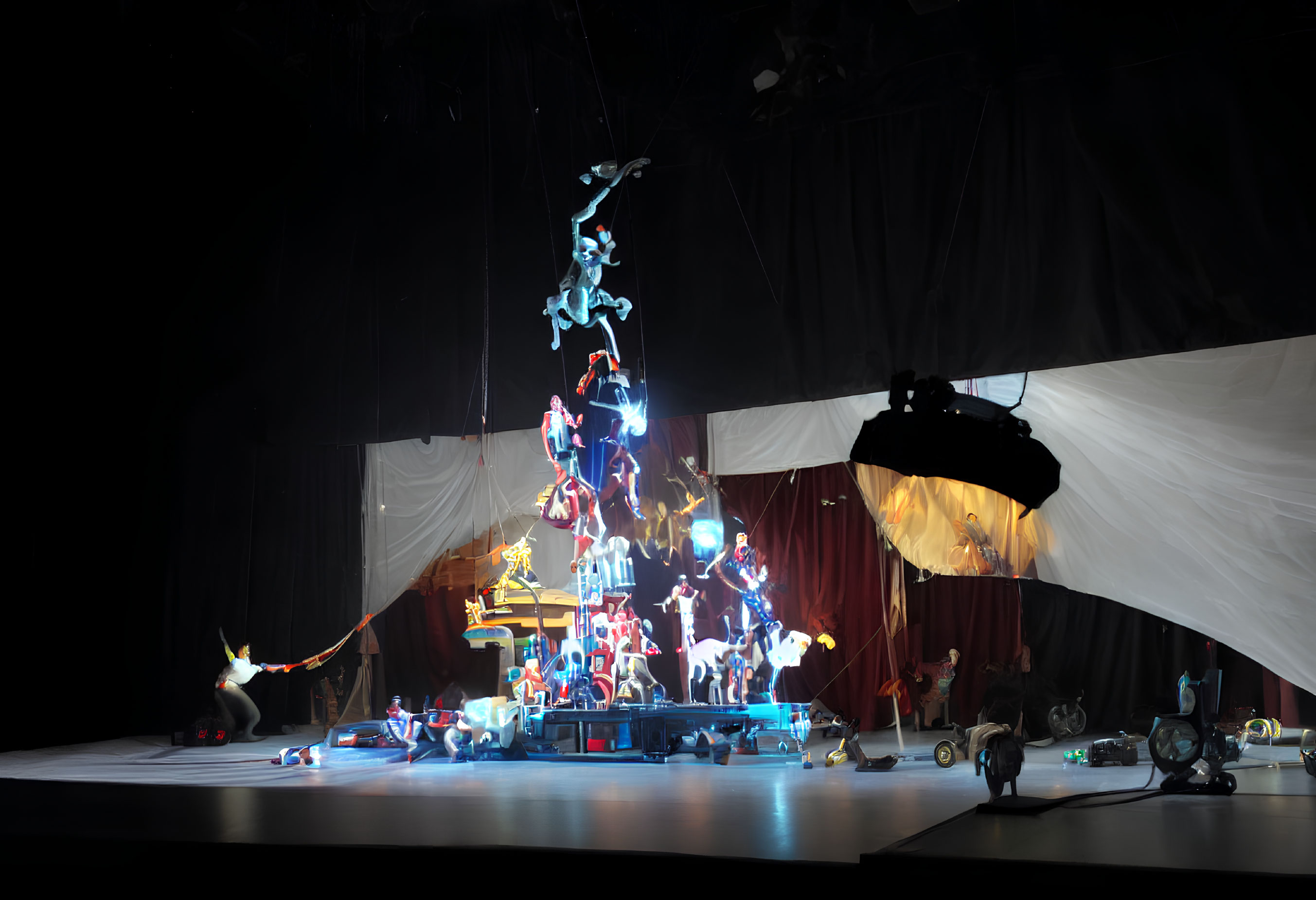 Vibrant theatrical stage with acrobatic performers in mid-air