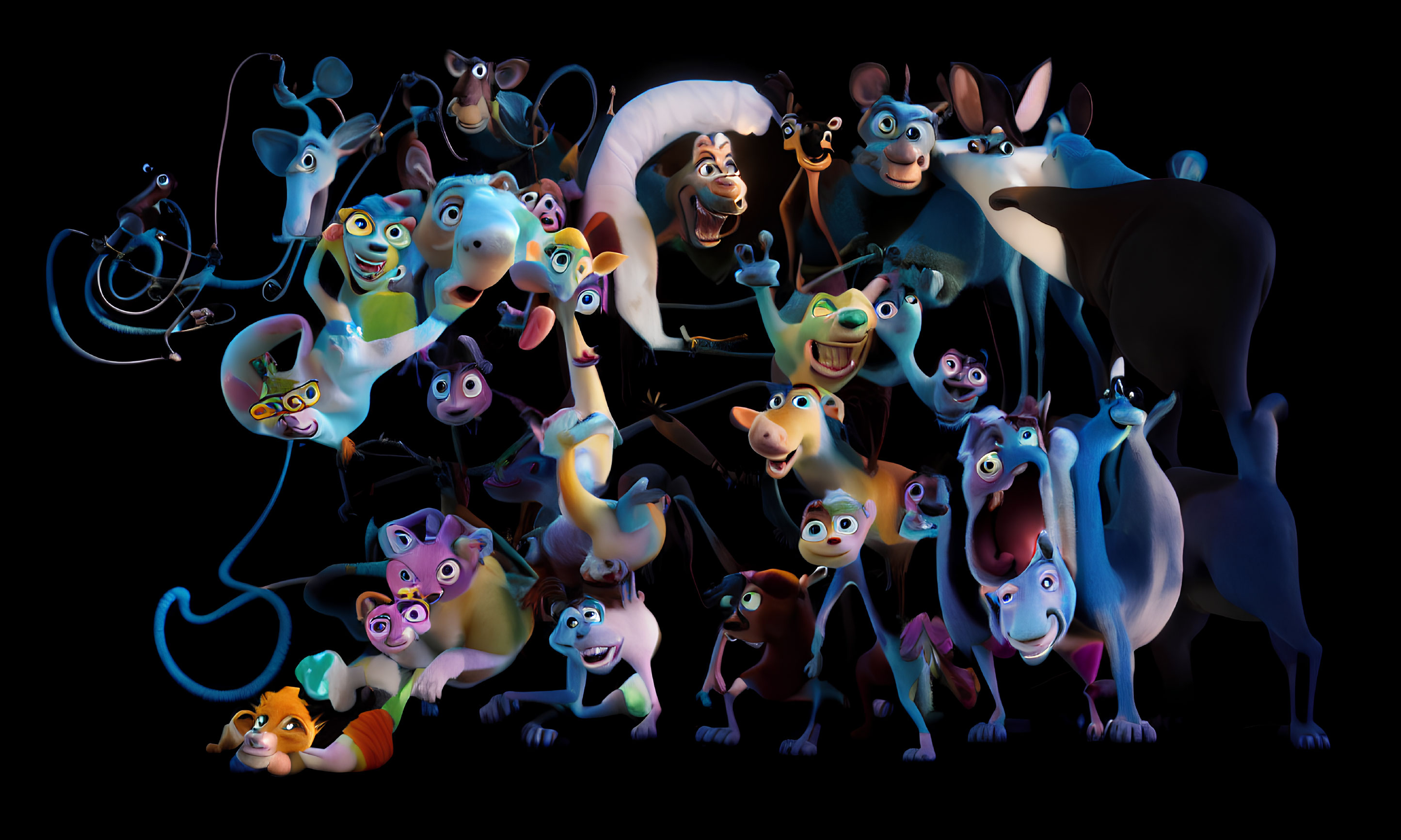 Vibrant stylized animated animals on dark background