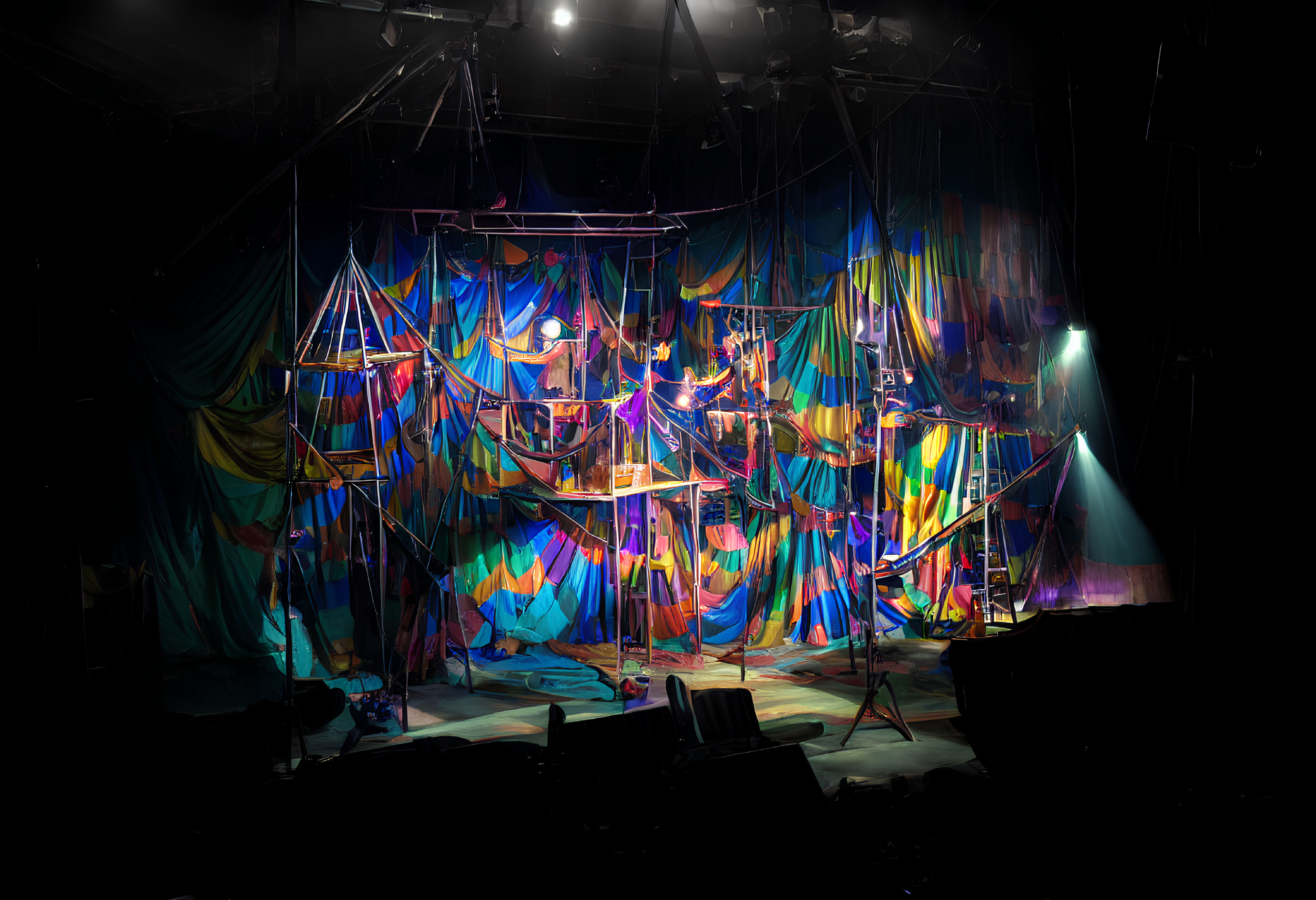 Colorful abstract backdrop designs on theatrical stage set with scaffolding and dynamic lighting