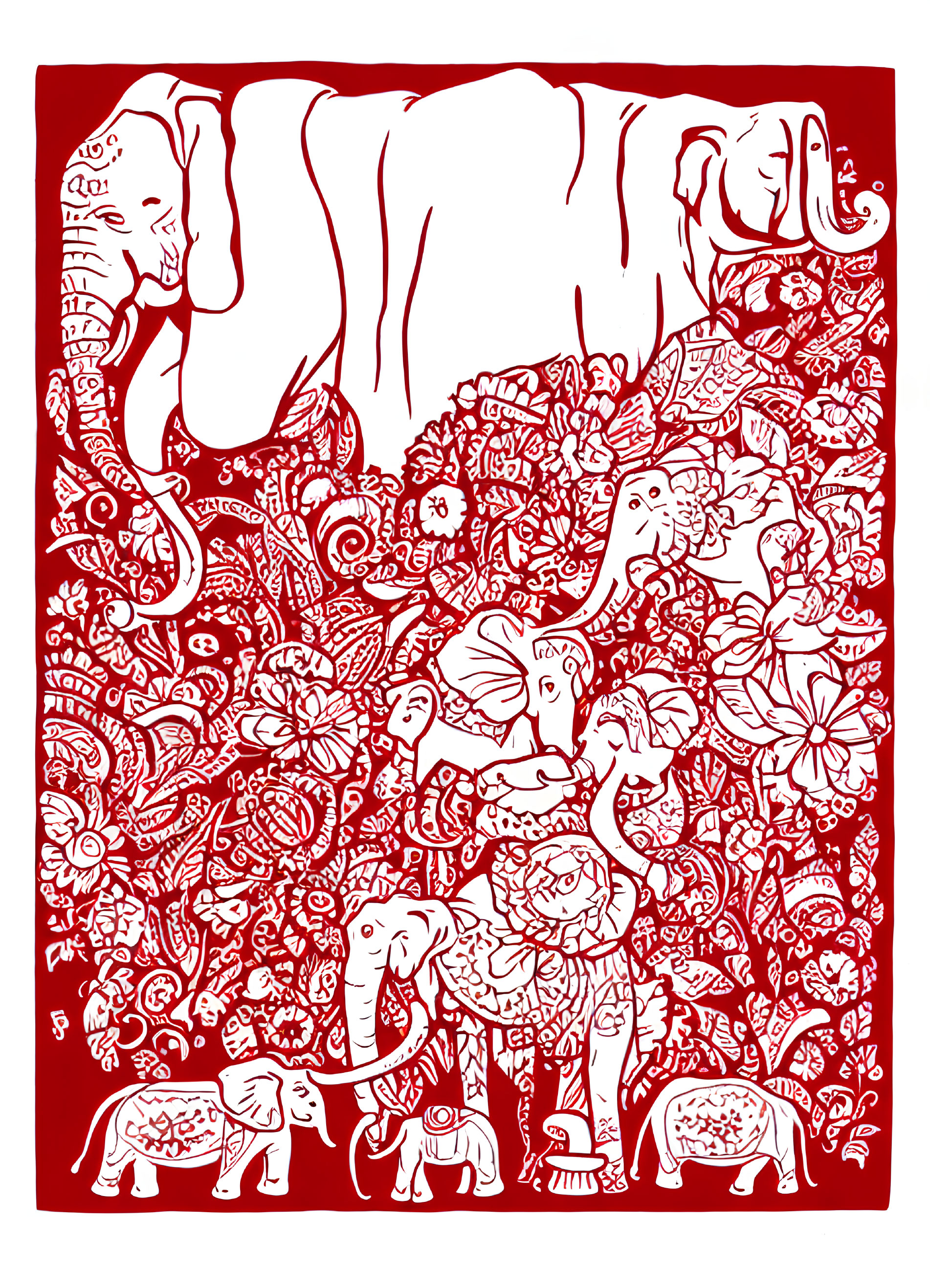 Detailed Red and White Elephant Illustration with Birds and Floral Patterns