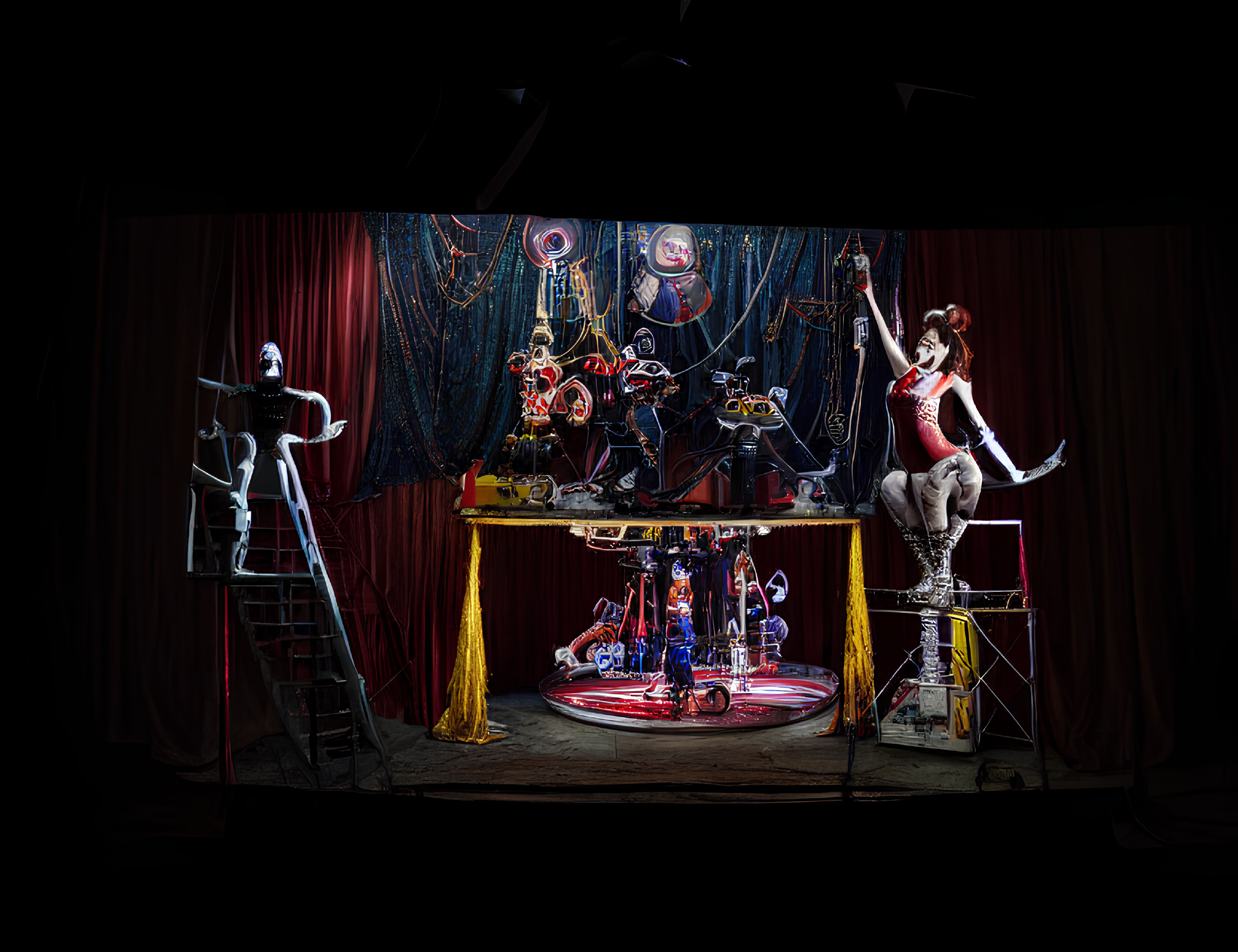 Whimsical stage with two people in artistic makeup and costumes interacting with a fantastical mechanical contraption