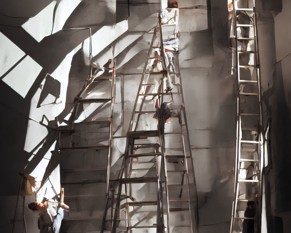 Three people on ladders installing complex artistic wall structure