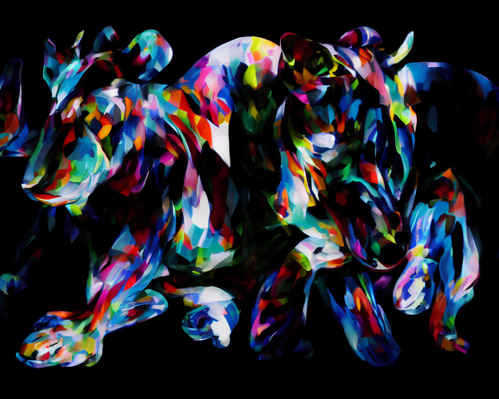 Vibrant abstract digital art: charging bull in fluid shapes