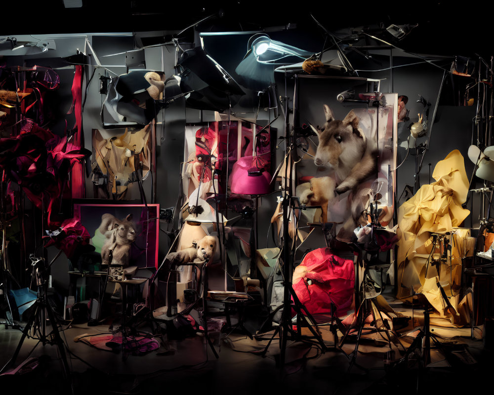 Cluttered studio with mannequin parts, lighting gear, and cat images