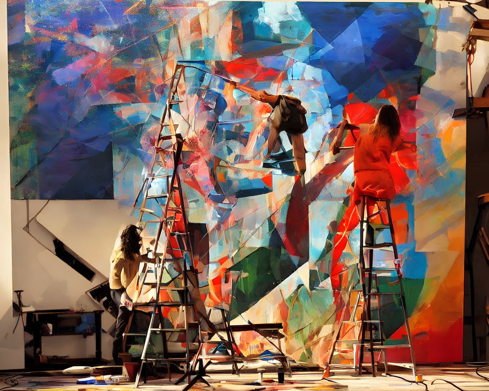 Vibrant abstract mural with artists on ladders