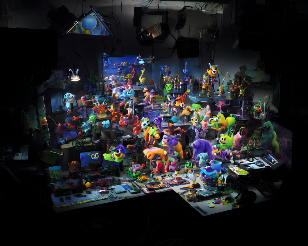 Colorful animated creatures in dark room with monitors and desks
