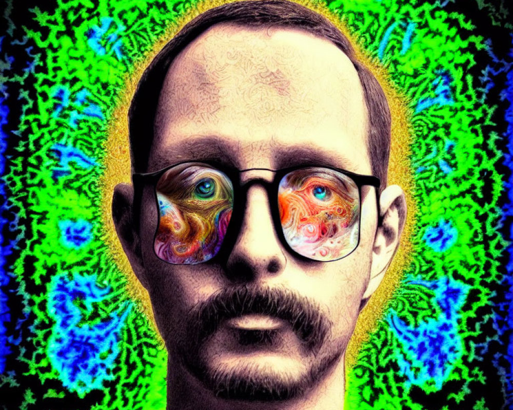 Man with Mustache and Glasses in Psychedelic Fractal Background