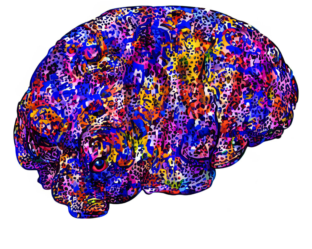 Colorful Abstract Human Brain Illustration with Blues, Purples, Oranges, and Yell