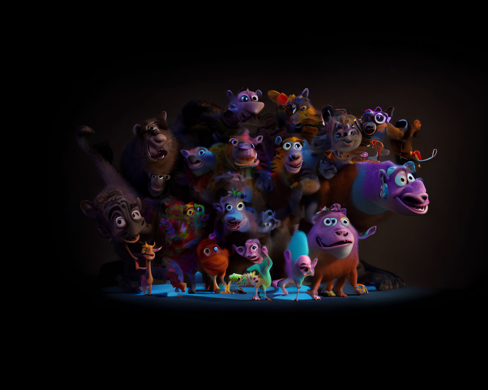 Colorful Animated Animals Standing Together in Spotlight