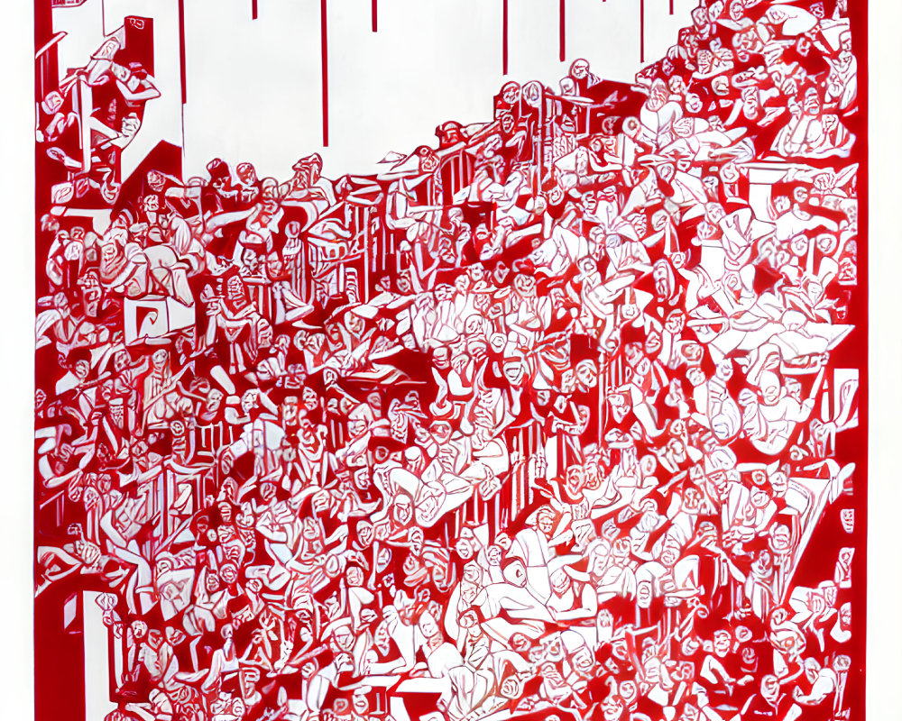 Colorful red and white artwork with chaotic cityscape and barcode-like background
