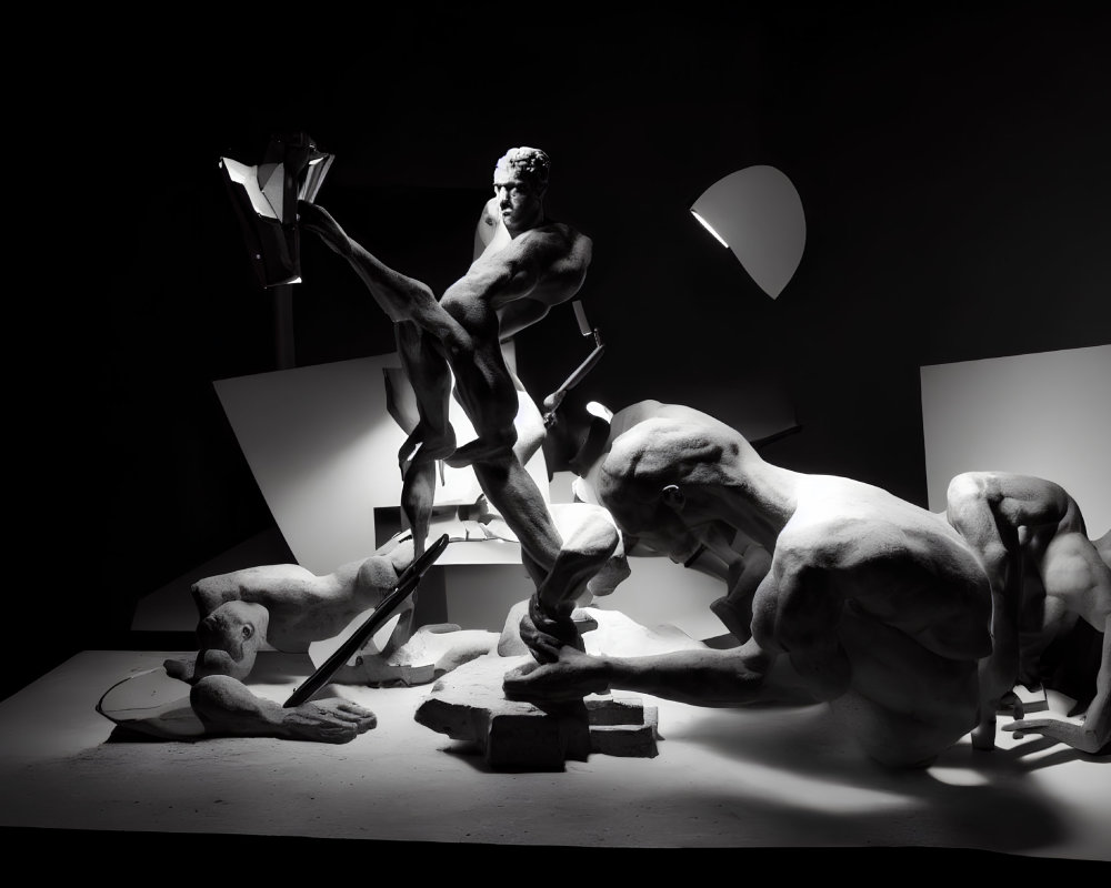 Monochrome Artistic Composition of Human Figure Sculptures with Dynamic Lighting