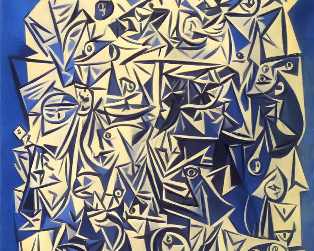 Blue and White Cubist Painting with Overlapping Shapes and Eyes