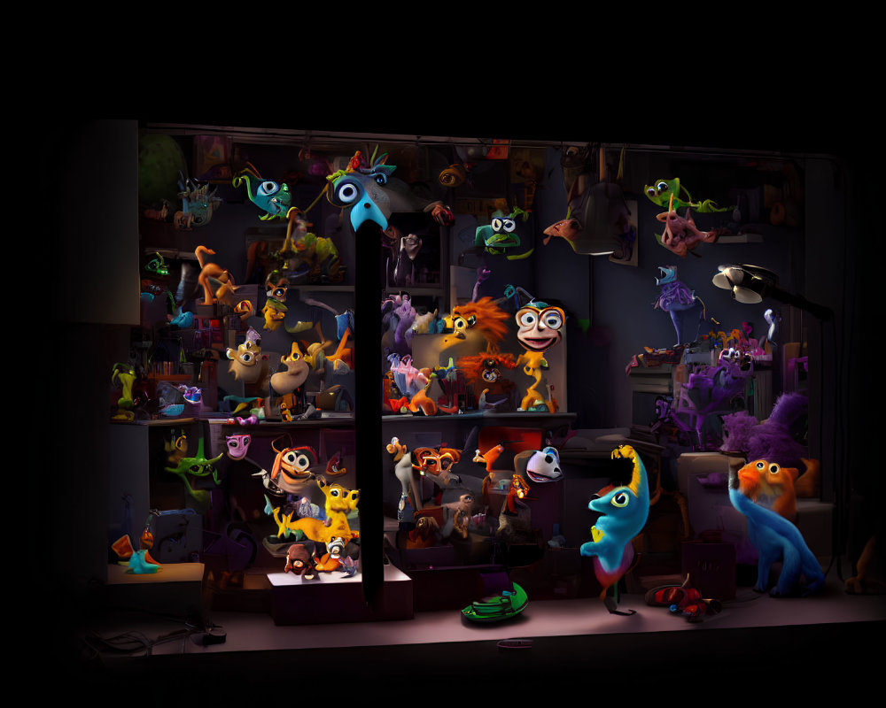 Colorful Monster Figurines and Toys in Illuminated Display Window